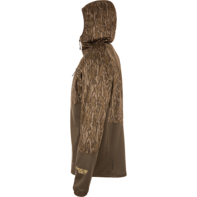 MST Offset 2.0 Half Zip Hoodie with camo hood and shoulders, olive-brown body, gold OFF SET 2.0 text on sleeve; designed for comfort and functionality.
