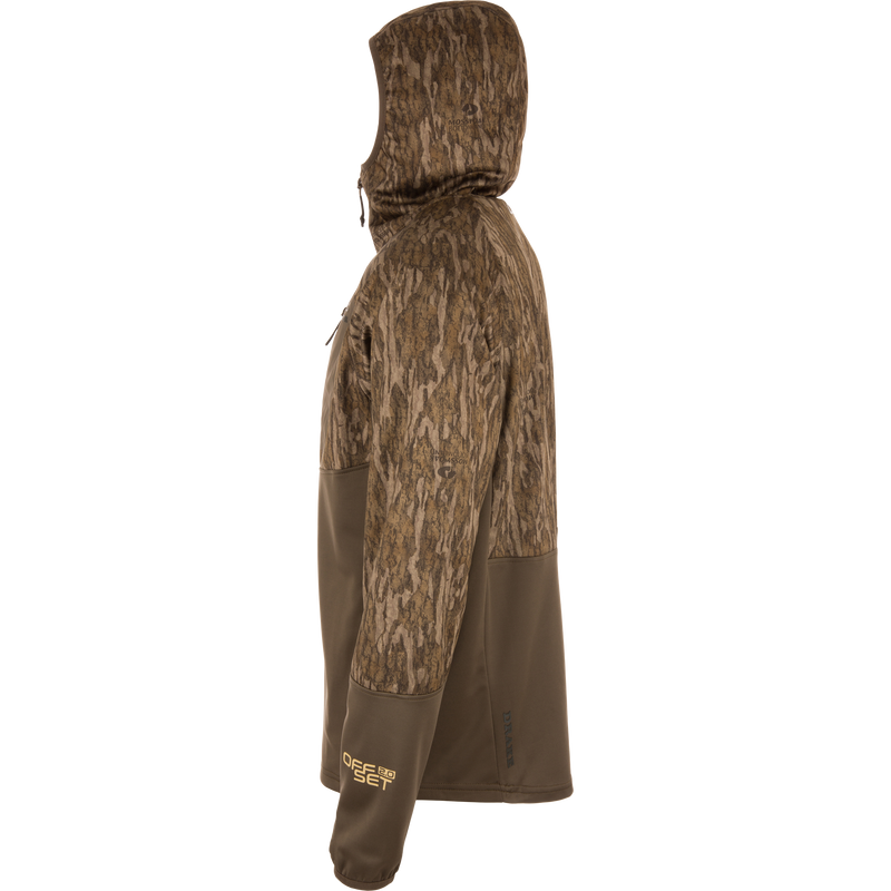 MST Offset 2.0 Half Zip Hoodie with camo hood and shoulders, olive-brown body, gold OFF SET 2.0 text on sleeve; designed for comfort and functionality.