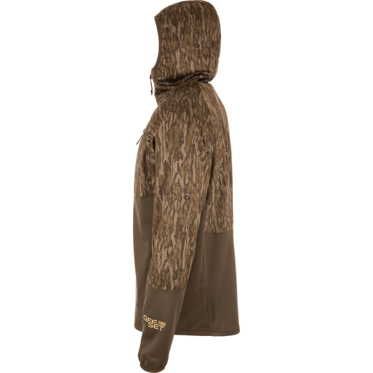 MST Offset 2.0 Half Zip Hoodie with camo hood and shoulders, olive-brown body, gold OFF SET 2.0 text on sleeve; designed for comfort and functionality.