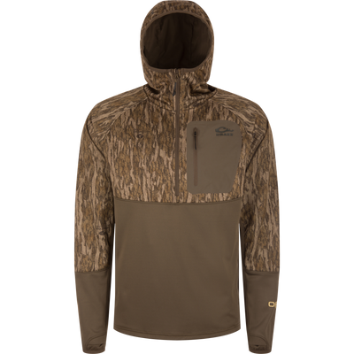 MST Offset 2.0 Half Zip Hoodie with camo upper, olive lower, and chest pocket; designed for comfort and functionality in outdoor adventures.