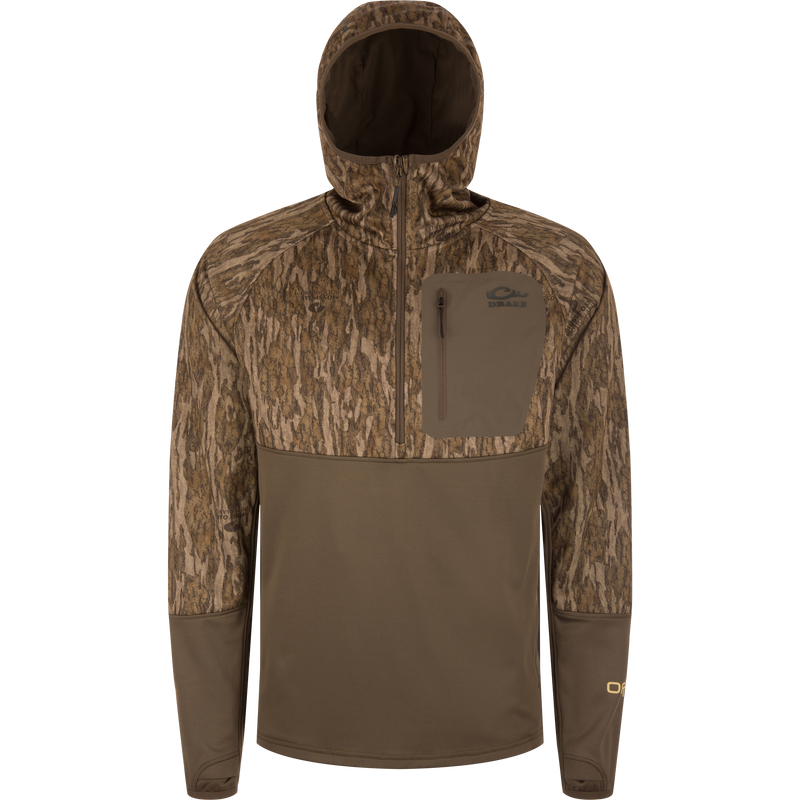MST Offset 2.0 Half Zip Hoodie with camo upper, olive lower, and chest pocket; designed for comfort and functionality in outdoor adventures.