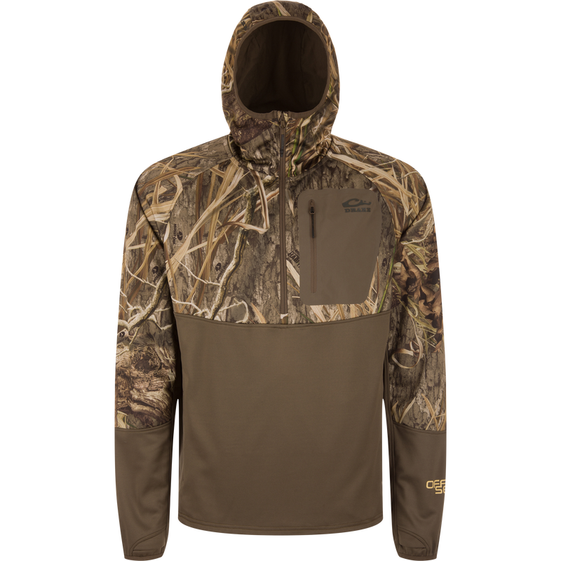 MST Offset 2.0 Half Zip Hoodie with camo upper, solid brown lower, zippered chest pocket, and ergonomic thumbholes, designed for hunting and outdoor comfort.