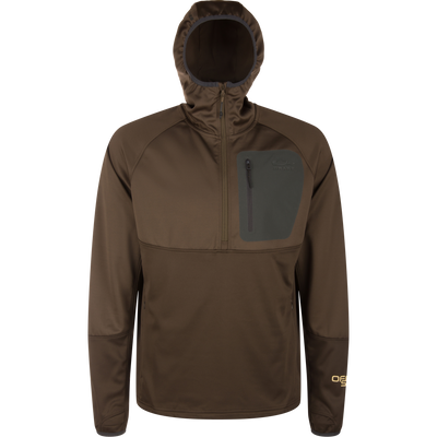 MST Offset 2.0 Half Zip Hoodie with hood, quarter zip, chest pocket, ergonomic design, and multiple pockets, ideal for outdoor adventures with moisture-wicking and UPF50 protection.