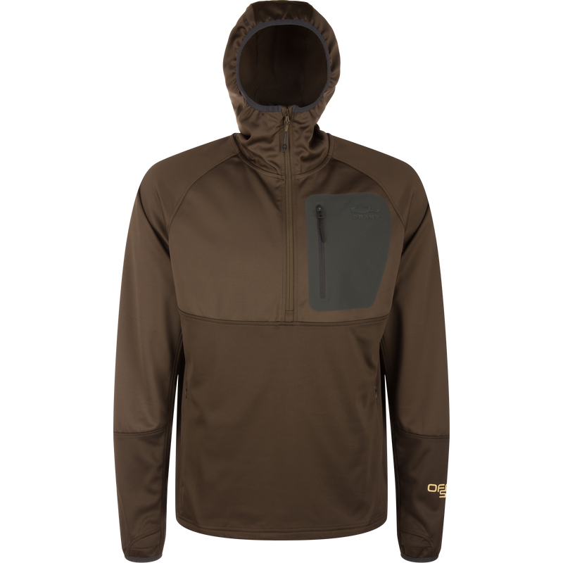 MST Offset 2.0 Half Zip Hoodie with hood, quarter zip, chest pocket, ergonomic design, and multiple pockets, ideal for outdoor adventures with moisture-wicking and UPF50 protection.