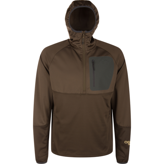 MST Offset 2.0 Half Zip Hoodie with hood, quarter zip, chest pocket, ergonomic design, and multiple pockets, ideal for outdoor adventures with moisture-wicking and UPF50 protection.