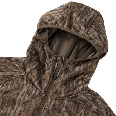 MST Offset 2.0 Half Zip Hoodie in camo pattern, featuring a durable hood and collar, designed for outdoor adventures with ergonomic and moisture-wicking features.