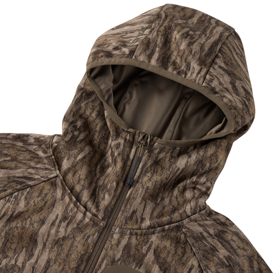 MST Offset 2.0 Half Zip Hoodie in camo pattern, featuring a durable hood and collar, designed for outdoor adventures with ergonomic and moisture-wicking features.