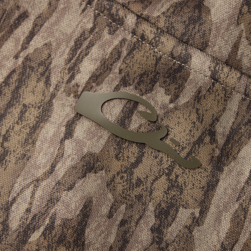 Close-up of the MST Offset 2.0 Half Zip Hoodie, featuring a camo pattern with an olive-green emblem, showcasing its durable, stretchy polyester fabric and ergonomic design.