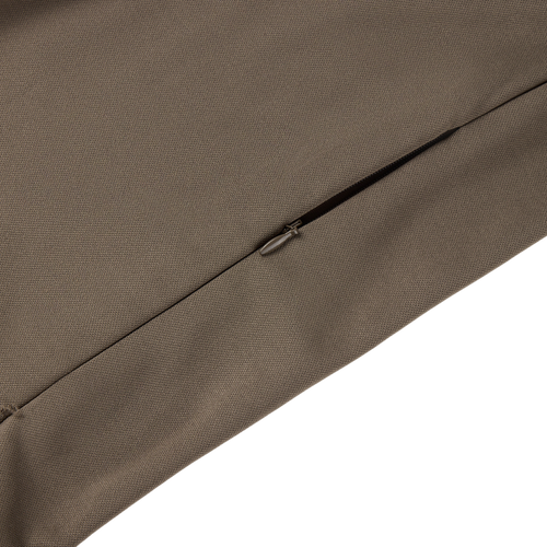 Close-up of the MST Offset 2.0 Half Zip Hoodie, showcasing a concealed zipper on khaki fabric, emphasizing its durable construction and ergonomic design.