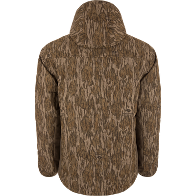 Back view of the LST BMF Jacket with Primaloft, featuring a bark camouflage pattern, displayed on a mannequin, highlighting its lightweight, water-resistant design for versatile hunting conditions.