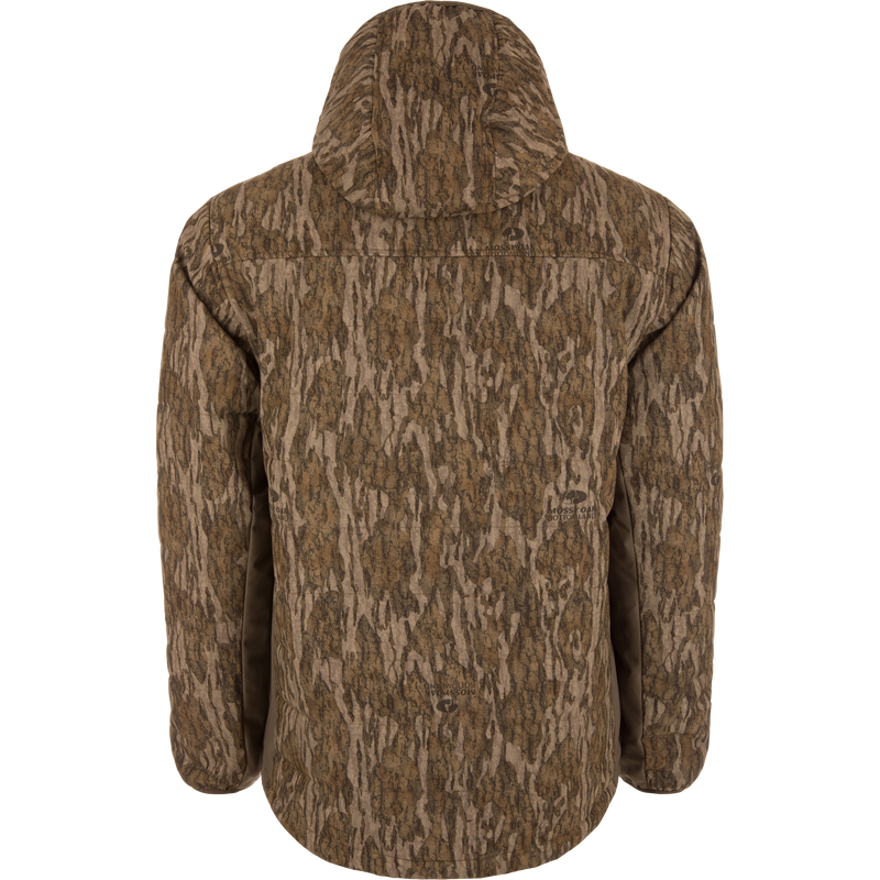 Back view of the LST BMF Jacket with Primaloft, featuring a bark camouflage pattern, displayed on a mannequin, highlighting its lightweight, water-resistant design for versatile hunting conditions.