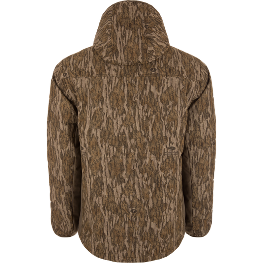 Back view of the LST BMF Jacket with Primaloft, featuring a bark camouflage pattern, displayed on a mannequin, highlighting its lightweight, water-resistant design for versatile hunting conditions.