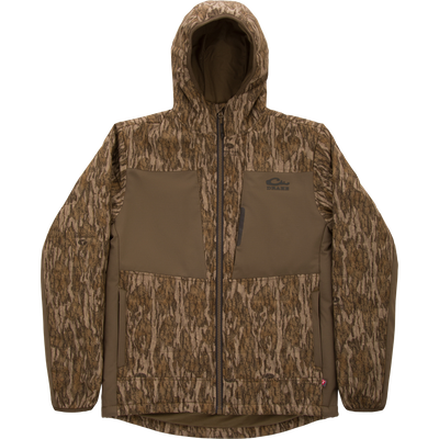 LST BMF Jacket with Primaloft, featuring Mossy Oak camo, solid paneling, full zipper, handwarmer pockets, elastic cuffs, and Drake logo on chest.