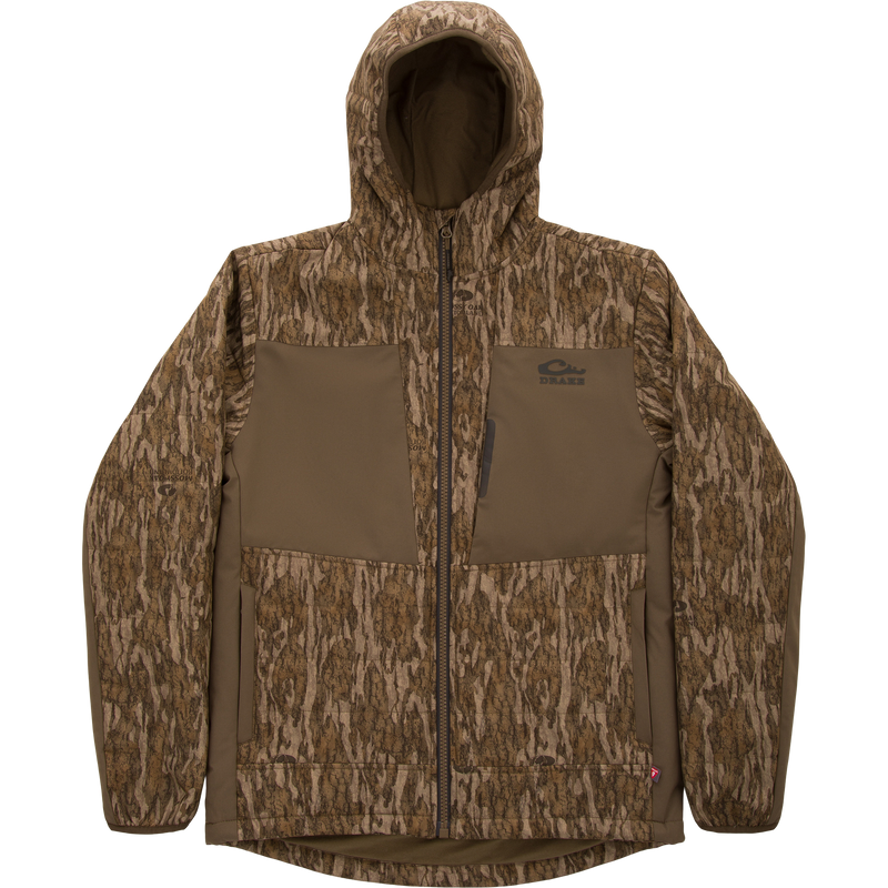 LST BMF Jacket with Primaloft, featuring Mossy Oak camo, solid paneling, full zipper, handwarmer pockets, elastic cuffs, and Drake logo on chest.