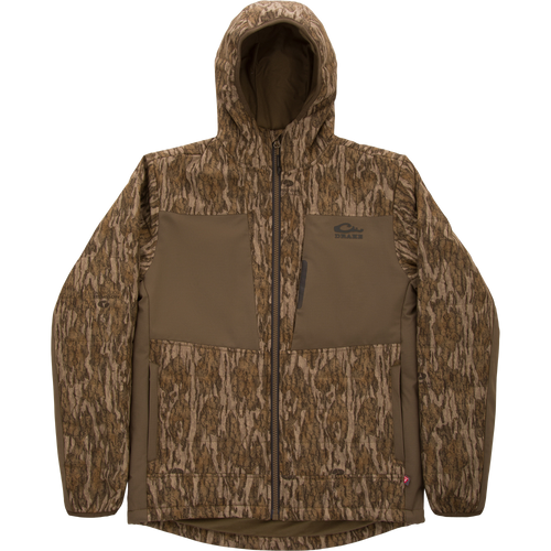LST BMF Jacket with Primaloft, featuring Mossy Oak camo, solid paneling, full zipper, handwarmer pockets, elastic cuffs, and Drake logo on chest.