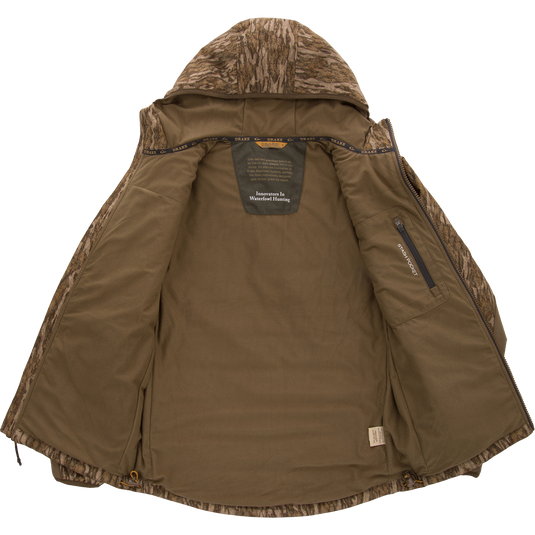 LST BMF Jacket with Primaloft, showcasing camo-patterned hood, zip-out lining with branding, stash pocket, and drawcord, designed for versatile, water-resistant hunting use.