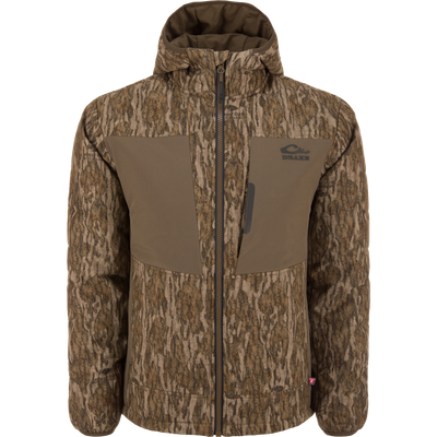 LST BMF Jacket with Primaloft: A camo-patterned, full-zip hunting jacket featuring reinforced chest panels, Magnattach™ pocket, and water-resistant YKK™ zipper, ideal for variable conditions.