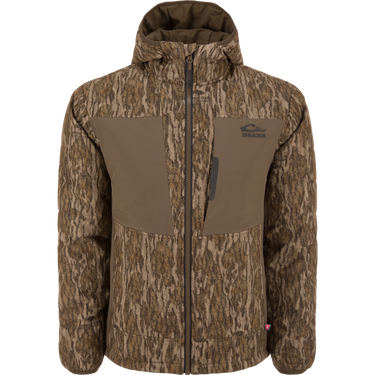 LST BMF Jacket with Primaloft: A camo-patterned, full-zip hunting jacket featuring reinforced chest panels, Magnattach™ pocket, and water-resistant YKK™ zipper, ideal for variable conditions.