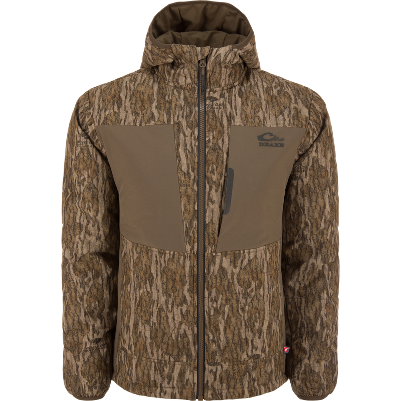 LST BMF Jacket with Primaloft: A camo-patterned, full-zip hunting jacket featuring reinforced chest panels, Magnattach™ pocket, and water-resistant YKK™ zipper, ideal for variable conditions.