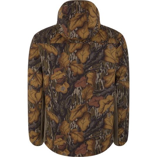 Back view of a Drake X Ducks Unlimited LST BMF Jacket with Primaloft in a brown and green leaf camouflage pattern, featuring a hooded design.