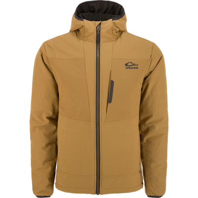 LST BMF Jacket with Primaloft, featuring a quilted design, hood, full front zipper, and chest pocket, ideal for active use with water-resistant and insulated properties.