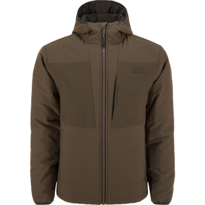 LST BMF Jacket with Primaloft, featuring a quilted design, hood, elastic cuffs, and Magnattach™ chest pocket, ideal for versatile, active use in variable conditions.
