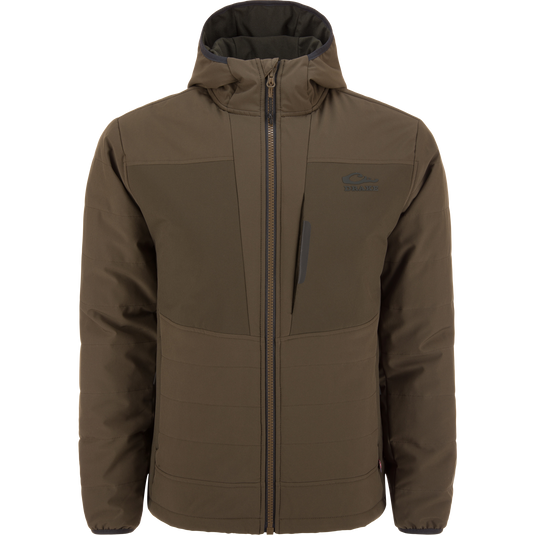 LST BMF Jacket with Primaloft, featuring a quilted design, hood, elastic cuffs, and Magnattach™ chest pocket, ideal for versatile, active use in variable conditions.