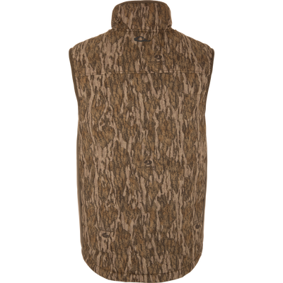 LST BMF Vest with Primaloft, featuring a quilt-style design in Mossy Oak Bottomland camo, padded for warmth, with a mock collar and Magnattach™ chest pocket.
