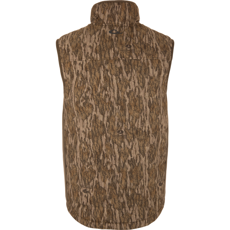 LST BMF Vest with Primaloft, featuring a quilt-style design in Mossy Oak Bottomland camo, padded for warmth, with a mock collar and Magnattach™ chest pocket.