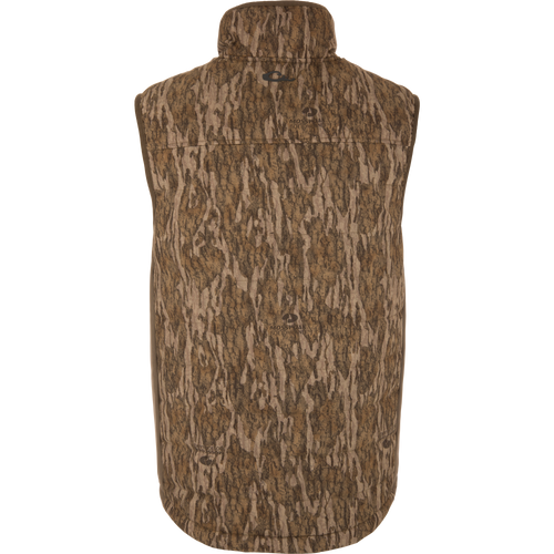 LST BMF Vest with Primaloft, featuring a quilt-style design in Mossy Oak Bottomland camo, padded for warmth, with a mock collar and Magnattach™ chest pocket.