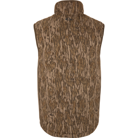 LST BMF Vest with Primaloft, featuring a quilt-style design in Mossy Oak Bottomland camo, padded for warmth, with a mock collar and Magnattach™ chest pocket.