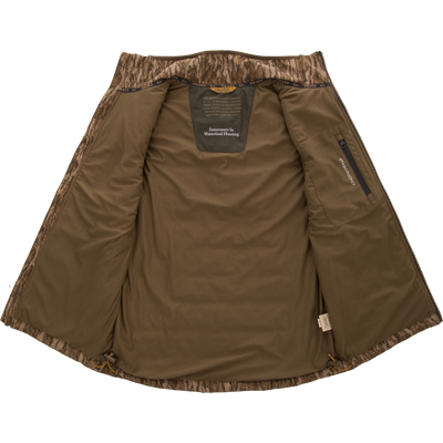 LST BMF Vest with Primaloft features an olive-green fleece body, camo trim, zippered stash pocket, and Innovators In Waterfowl Hunting patch, ideal for layering.