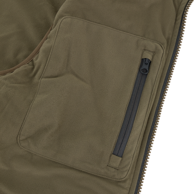Olive green Drake X Ducks Unlimited LST BMF Vest with Primaloft waterfowl hunting vest featuring a vertical zippered chest pocket and a full-length front zipper.