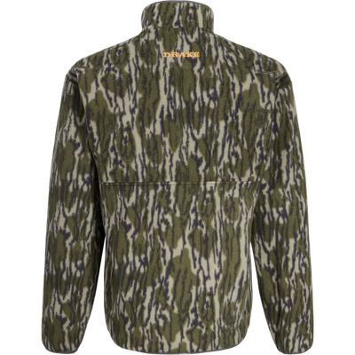 Back view of the Camp Fleece Limited Edition Snap Pullover in woodland camouflage with orange DRAKE embroidery below collar, featuring open side pockets.