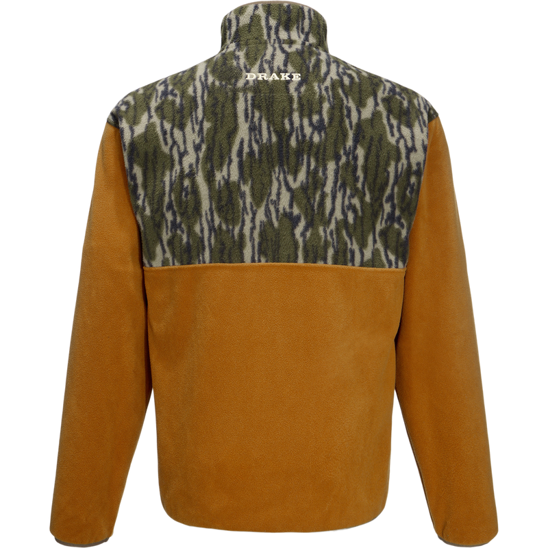 Back view of Drake Camp Fleece Limited Edition Snap Pullover, featuring camouflage yoke with DRAKE embroidery, tan fleece body, and open side pockets.