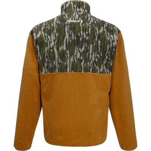 Back view of Drake Camp Fleece Limited Edition Snap Pullover, featuring camouflage yoke with DRAKE embroidery, tan fleece body, and open side pockets.