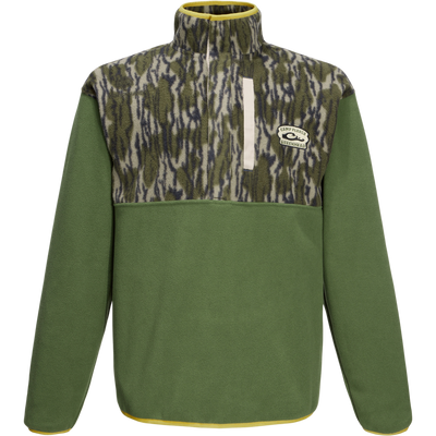 Camp Fleece Limited Edition Snap Pullover with camo-patterned chest, solid sleeves, quarter-zip, and pockets for warmth, ideal for layering in outdoor activities.