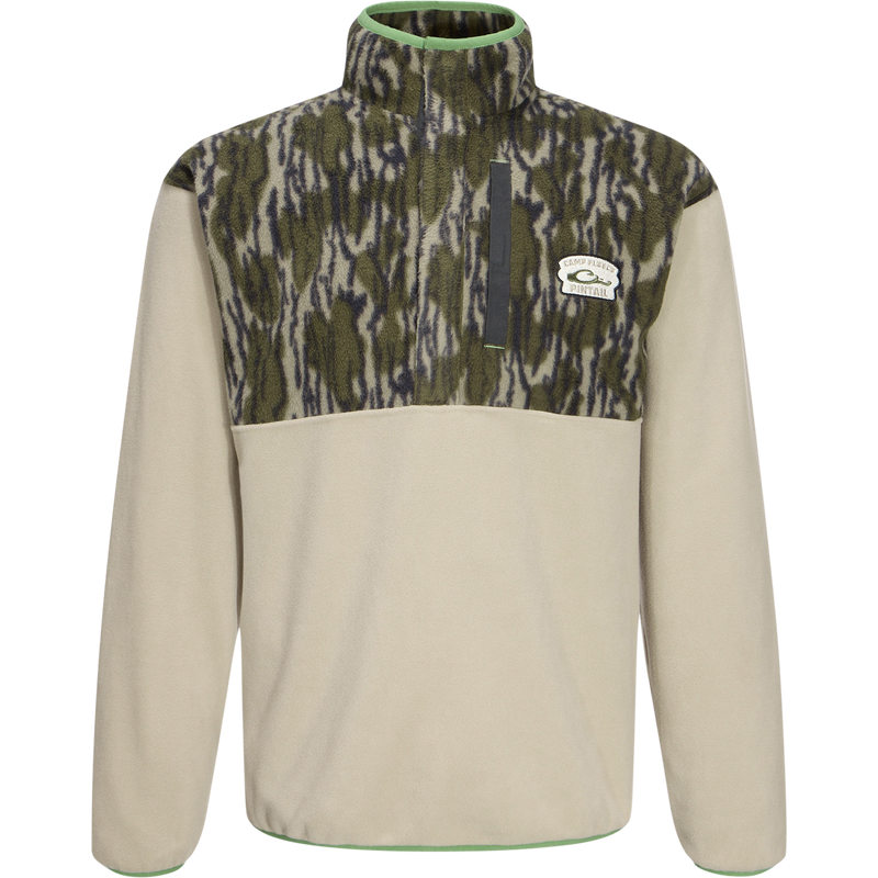 Camp Fleece Limited Edition Snap Pullover featuring camo yoke, high collar, chest pocket, and open side pockets, designed for warmth and comfort in outdoor settings.