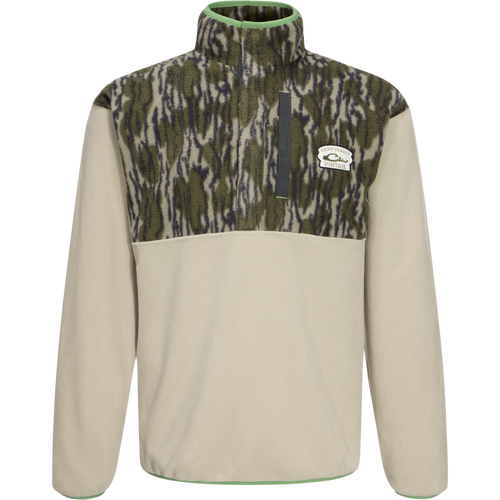 Camp Fleece Limited Edition Snap Pullover featuring camo yoke, high collar, chest pocket, and open side pockets, designed for warmth and comfort in outdoor settings.