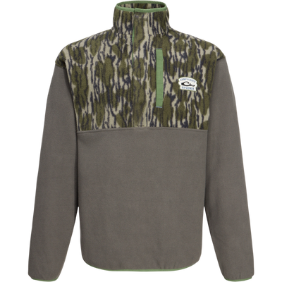 Camp Fleece Limited Edition Snap Pullover with camo chest, gray body, vertical chest pocket, and elastic cuffs, showcasing Drake Waterfowl's heritage in premium hunting apparel.