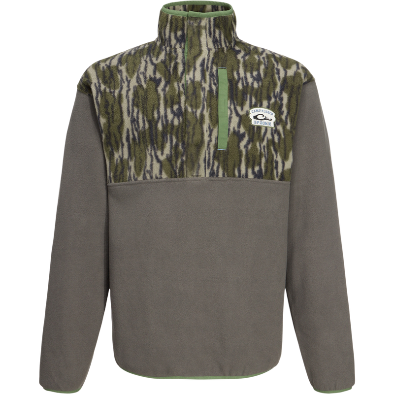 Camp Fleece Limited Edition Snap Pullover with camo chest, gray body, vertical chest pocket, and elastic cuffs, showcasing Drake Waterfowl's heritage in premium hunting apparel.