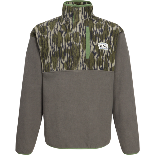 Camp Fleece Limited Edition Snap Pullover with camo chest, gray body, vertical chest pocket, and elastic cuffs, showcasing Drake Waterfowl's heritage in premium hunting apparel.