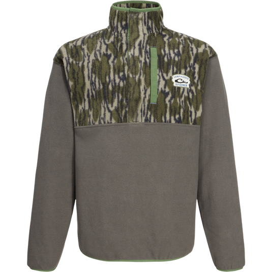 Camp Fleece Limited Edition Snap Pullover with camo chest, gray body, vertical chest pocket, and elastic cuffs, showcasing Drake Waterfowl's heritage in premium hunting apparel.