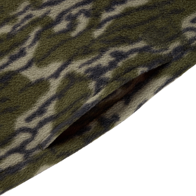 Close-up of the Drake Camp Fleece Limited Edition Snap Pullover, featuring a camouflage-patterned fleece with a slanted pocket slit and side entry pockets.