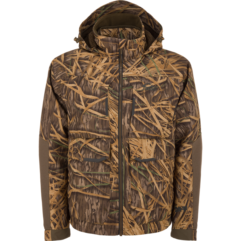 CommandXT 3-in-1 PrimaLoft Insulated Jacket with camouflage pattern, featuring a high collar, large flap pockets, reinforced elbows, and a full-zip hood for versatile outdoor protection.