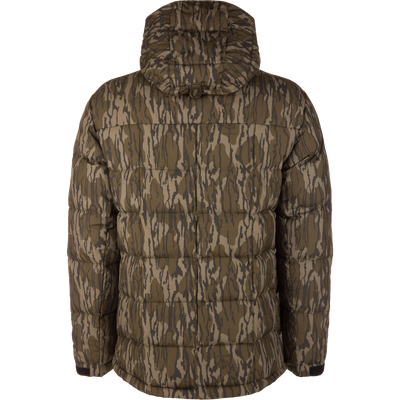 BMF Down Jacket's quilted back in olive camouflage, showcasing the Mossy Oak Bottomland logo, designed for warmth and durability in demanding hunts.