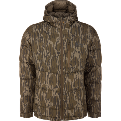 BMF Down Jacket in camouflage print, featuring a quilted design, full-length front zipper, and chest pocket, ideal for hunters seeking warmth and durability.