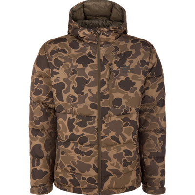 BMF Down Jacket with a camouflage print, featuring a hood, full-length front zipper, and a zippered chest pocket, designed for warmth and durability in demanding hunts.