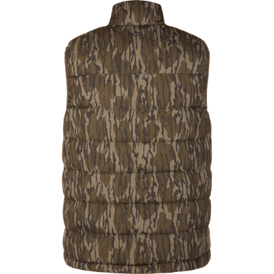 Back view of the BMF Drake Down Vest, featuring a sleeveless, insulated design with a brown/olive camouflage print, ideal for layered warmth in hunting conditions.