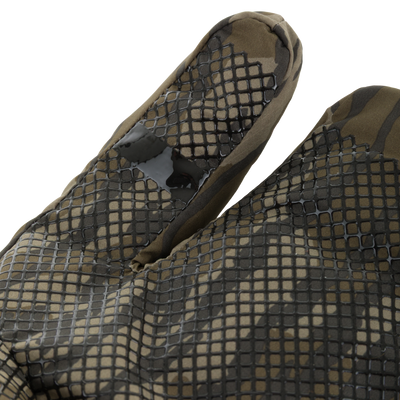 Close-up of LST Down Lobster Mittens, showing silicone-printed palm for secure grip and adjustable wrist closure for snug fit, emphasizing their rugged, weather-resistant design.